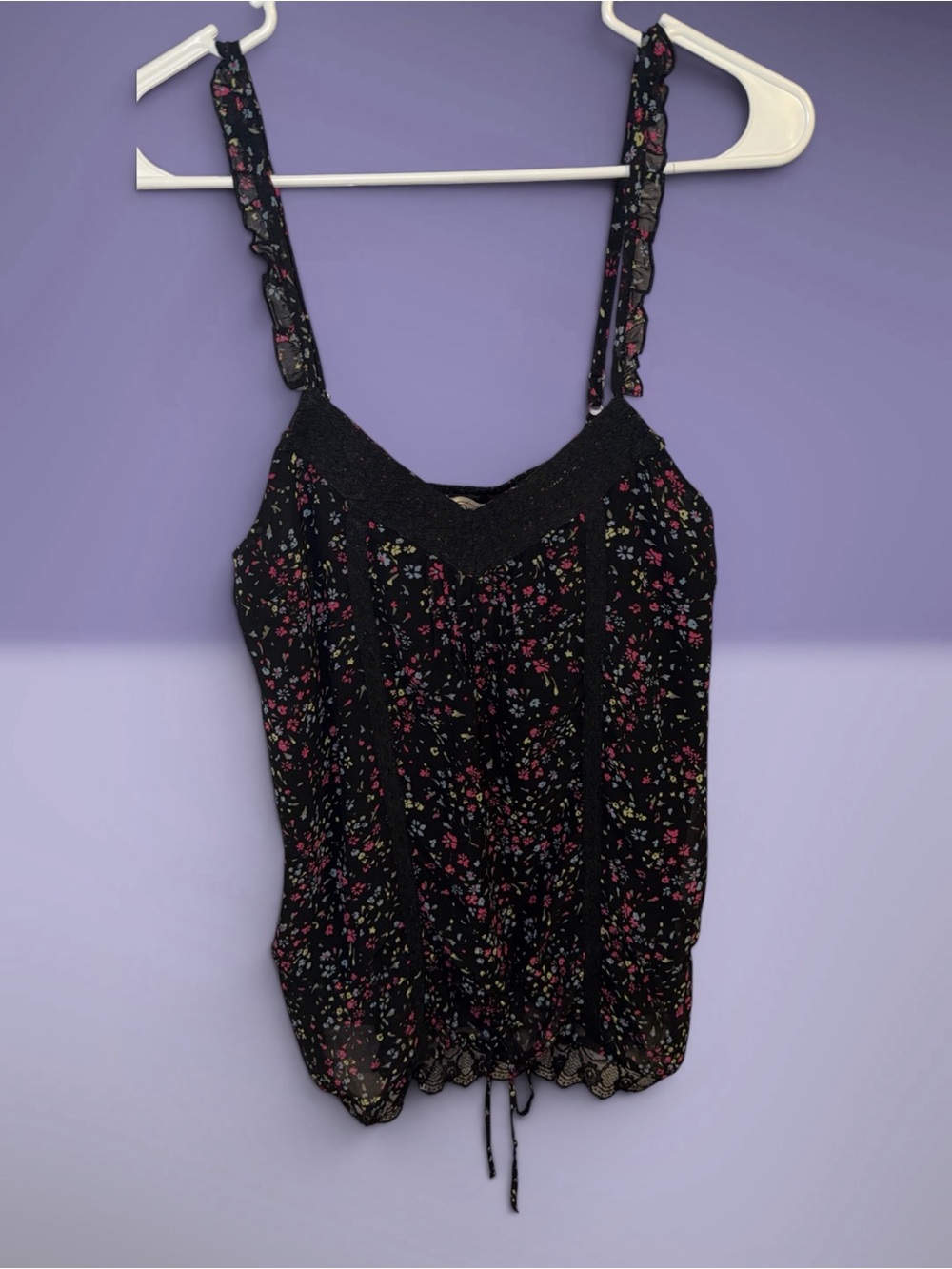 Decree Black Floral Smocked Camisole with Ruffle Straps